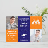 Orange und Navy Blue Custom Athlete Abschluss Einladung (Stehend Vorderseite)