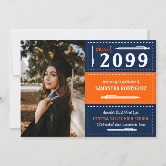 Orange- und Navy-Dotter-Abschluss Einladung (Vorderseite)