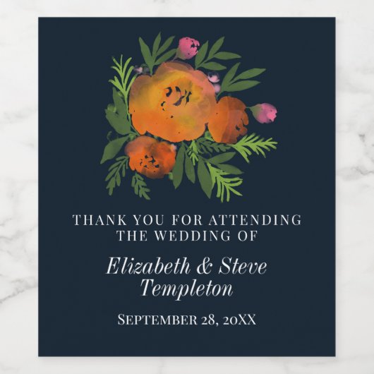 Orange und Navy Floral Moderne fette Hochzeit Weinetikett (Einzelnes Label)