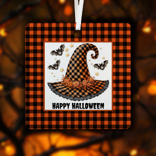 Orange- und Orange-Gingham-Halloween-Hexenhut & Fl Ornament Aus Metall