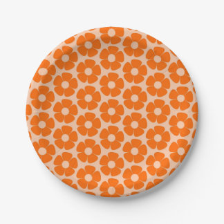 Orange und Peach Retro 60er Blumenmuster  Pappteller