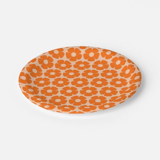 Orange und Peach Retro 60er Blumenmuster  Pappteller (Schrägansicht)