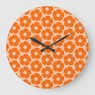 Orange- und Pfirsich-Retro-Blumenmuster aus den 60 Große Wanduhr