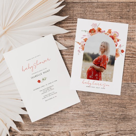 Orange und Pink Boho Blumenmuster Foto Babydusche Einladung