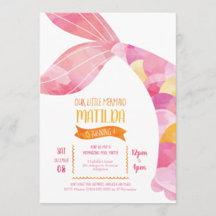 Orange und Pink Mermaid Pool Party Geburtstag Einladung