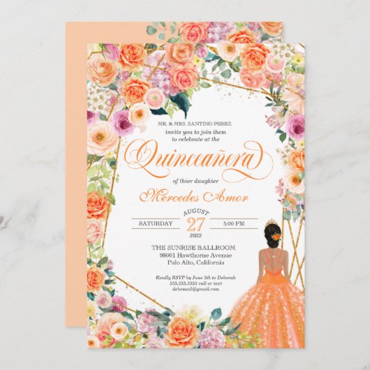 Orange und Pink Roses Peach Floral Quinceanera Inv Einladung (Vorne/Hinten)