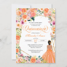 Orange und Pink Roses Peach Floral Quinceanera Inv