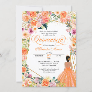Orange und Pink Roses Peach Floral Quinceanera Inv Einladung