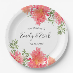 Orange und Pink Watercolor Dahlia Wedding Pappteller