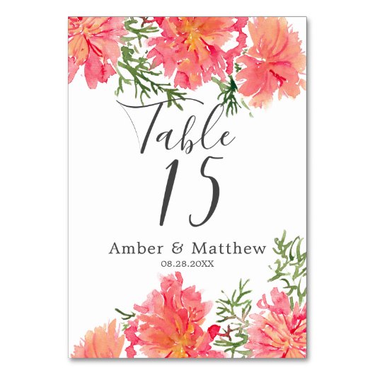 Orange und Pink Watercolor Dahlia Wedding Tischnummer (Vorderseite)