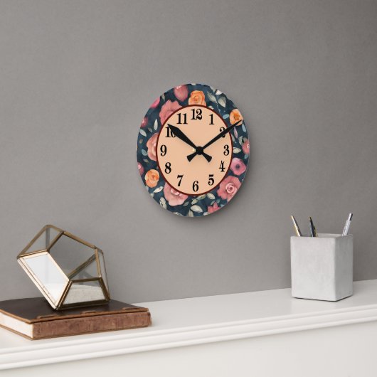 orange und rosa, blumengeschmückt runde wanduhr (Büro)