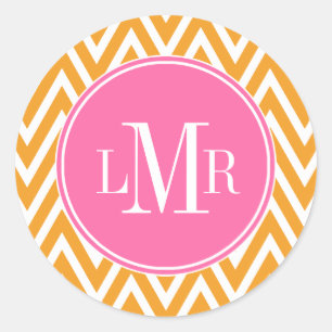 Orange und rosa Sparren-Monogramm Runder Aufkleber