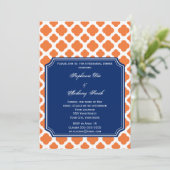 Orange und Royal Blue Quatrefoil Probe Dinner Einladung (Stehend Vorderseite)