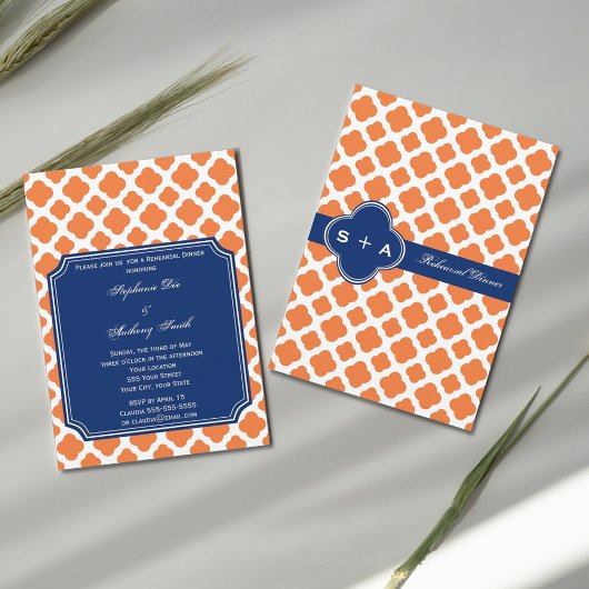 Orange und Royal Blue Quatrefoil Probe Dinner Einladung