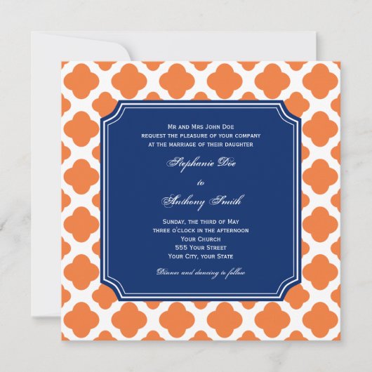 Orange und Royal Blue Quatrefoil Wedding Einladung (Vorderseite)