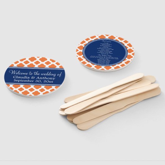 Orange und Royal Blue Quatrefoil Wedding Hand Fan Fächer (Non-assembled)