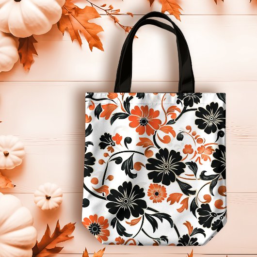 Orange und Schwarz auf Weiß Fall Blumen Tasche