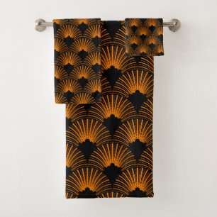 Orange- und Schwarz-Deko-Muster Badhandtuch Set