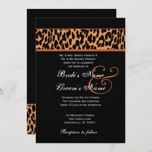 Orange und Schwarz-Leopard-Hochzeitsmetall Einladung (Vorne/Hinten)