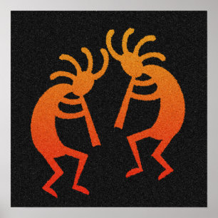 Orange und Schwarz tanzen Kokopelli Poster