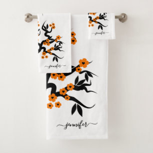 Orange und schwarze Liebesvögel Kirschbaum, Blüten Badhandtuch Set
