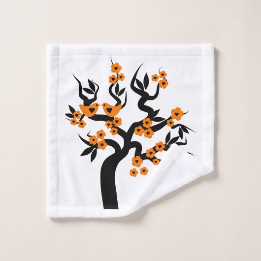 Orange und schwarze Liebesvögel Kirschbaum, Blüten Badhandtuch Set (Waschlappen)