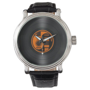 Orange und schwarze Yin Yang Gitarren-Vinylgraphik Armbanduhr