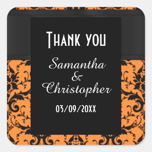 Orange und schwarzer Damast Danke Quadratischer Aufkleber (Vorderseite)