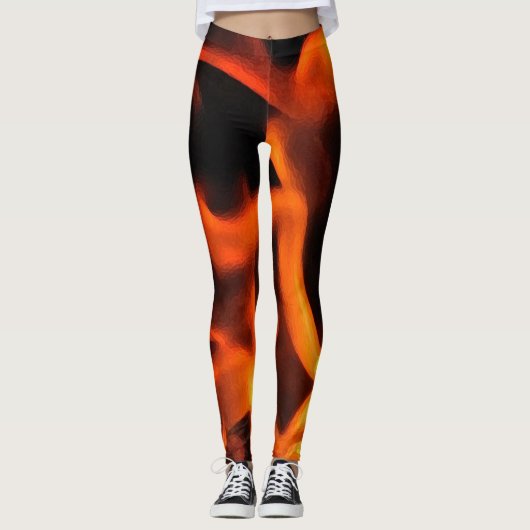 Orange und schwarzes Feuer-abstrakte Leggings (Vorderseite)