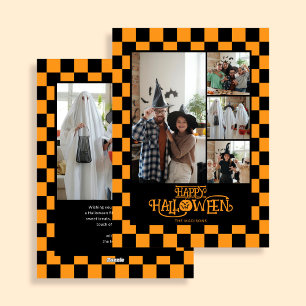Orange und schwarzes kariertes 5-Foto-Halloween Feiertagskarte