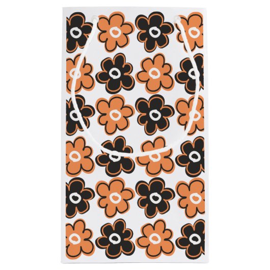 Orange und schwarzes Retro Blumen-Muster Kleine Geschenktüte (Rückseite)