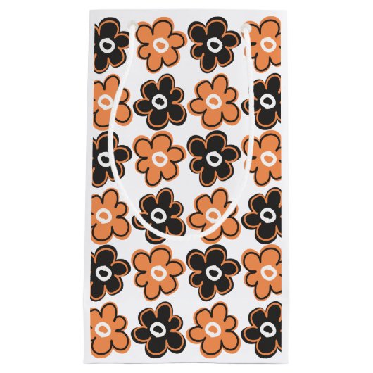 Orange und schwarzes Retro Blumen-Muster Kleine Geschenktüte (Vorderseite)