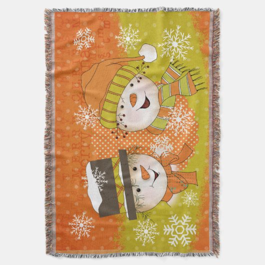 Orange und Senf Snowmen Holiday Throw Decke (Vorderseite Vertikal)