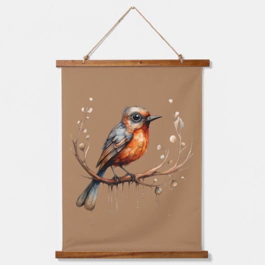 Orange und Tan Abstrakt Robin Couple Wandteppich Mit Holzrahmen (Vorderseite)