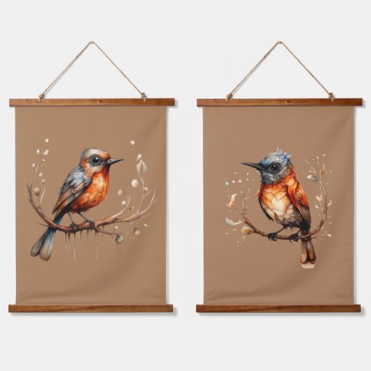 Orange und Tan Abstrakt Robin Couple Wandteppich Mit Holzrahmen (Doppelt)