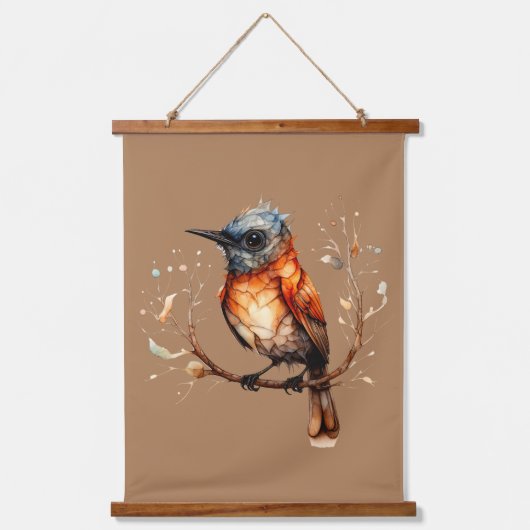 Orange und Tan Abstrakt Robin Links Gesichtshälfte Wandteppich Mit Holzrahmen (Vorderseite)