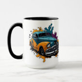 Orange- und Teal-Vintage-Farbspritzer-Auto Tasse (Links)