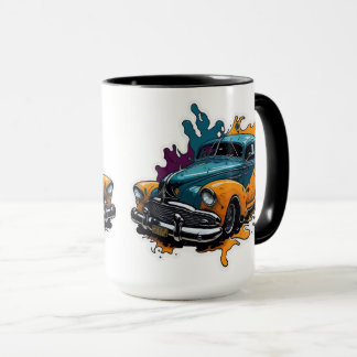 Orange- und Teal-Vintage-Farbspritzer-Auto Tasse