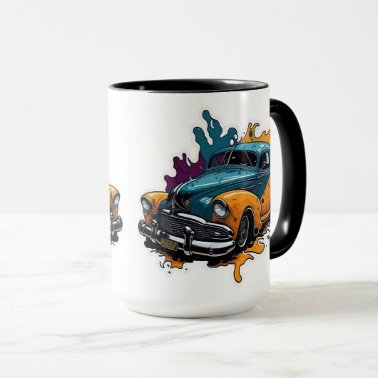 Orange- und Teal-Vintage-Farbspritzer-Auto Tasse (VorderseiteRechts)