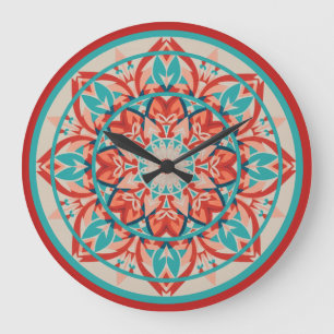 Orange- und Türkis-Boho-Mandala-Großuhr Große Wanduhr
