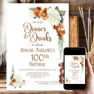 Orange und WeißFloral 100. Geburtstags-Dinnerparty Einladung