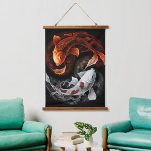 Orange und White Lucky Koi Fisch Japan Kunst Wandteppich Mit Holzrahmen