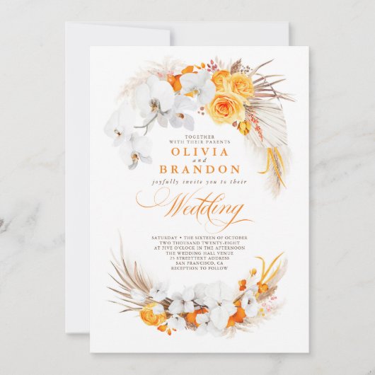 Orange und White Orchids Blume Boho Wedding Einladung (Vorderseite)