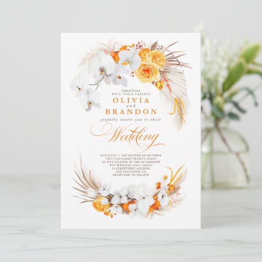 Orange und White Orchids Blume Boho Wedding Einladung (Stehend Vorderseite)
