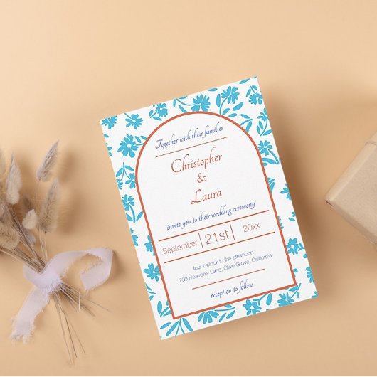 Orange Verona Sunset Blue Flowers Wedding Einladung