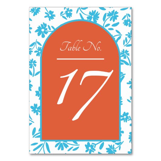 Orange Verona Sunset Blue Flowers Wedding Tischnummer (Vorderseite)