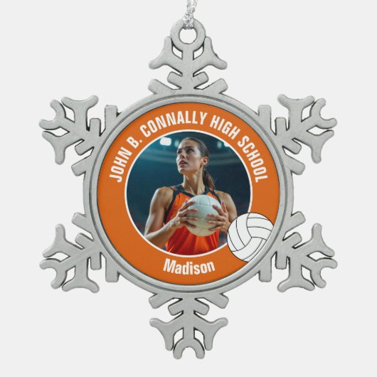 Orange Volleyball Player Photo High School Schneeflocken Zinn-Ornament (Vorderseite)