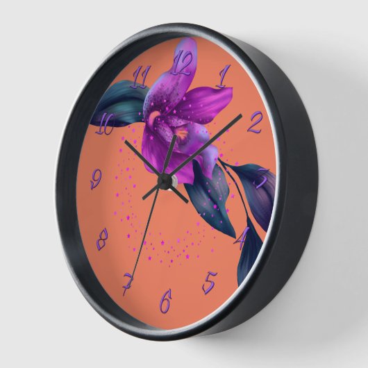 Orange Wall Clock mit Lila Orchid Uhr (Winkel)