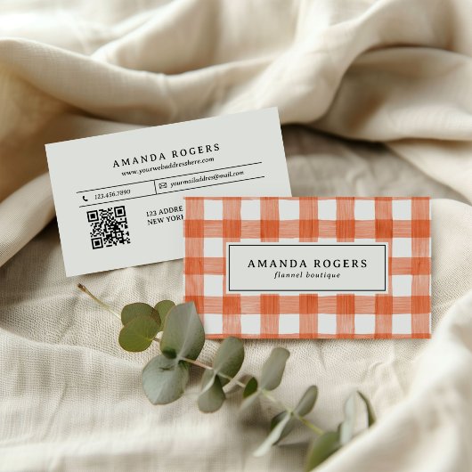 ORANGE Wasserfarbe Büffel Karo QR CODE FLANELL Visitenkarte