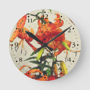 Orange Wasserfarbe Tigerlilie 1 Runde Wanduhr